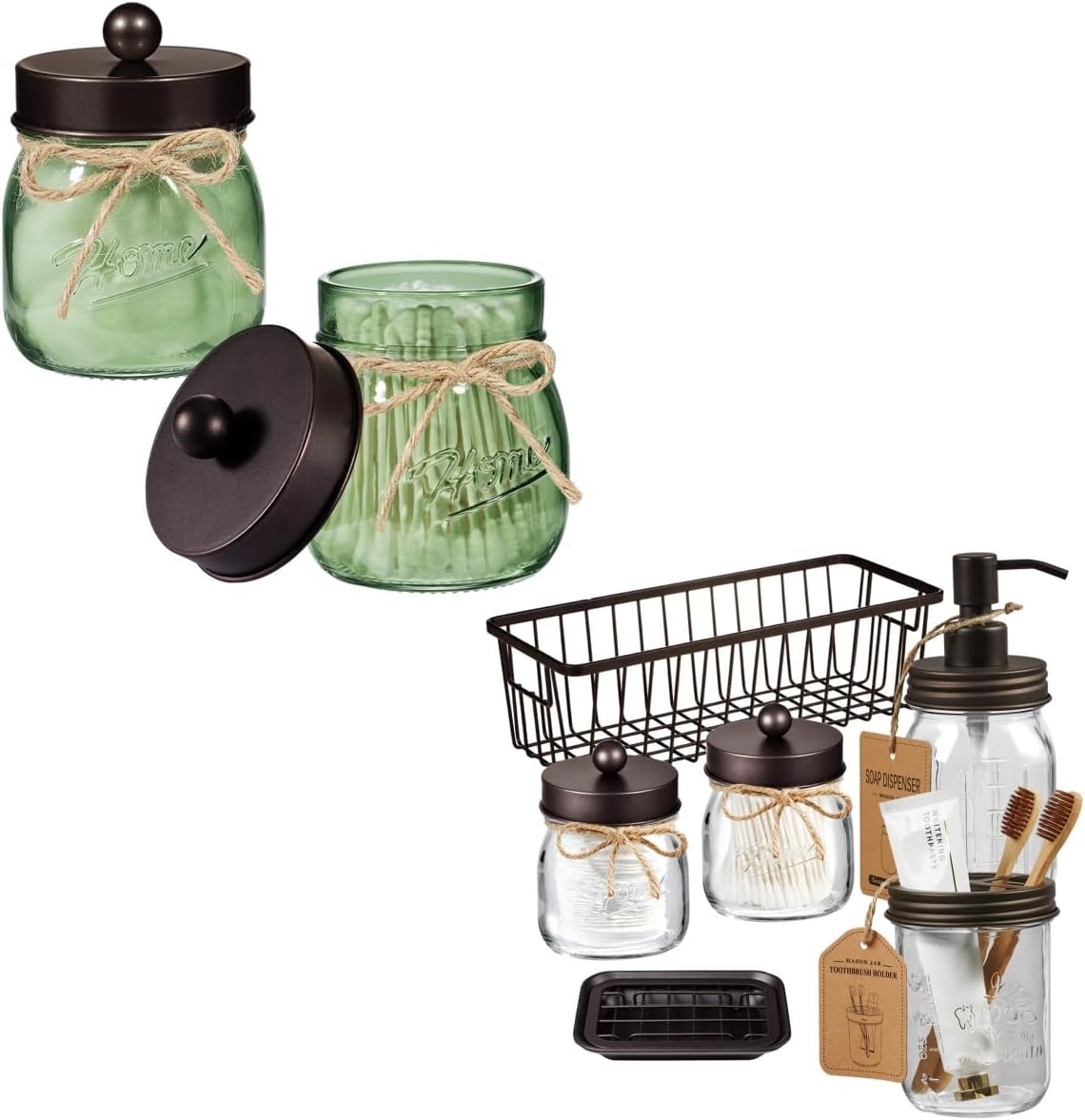 SheeChung 6Pcs Clear Mason Jar Bathroom Accessories Set, Soap Dispenser and Toothbrush Holder Set & 2 Green Glass Qtip Holders, Apothecary Jars with Lids, Bathroom Organizers and Storage-Bronze