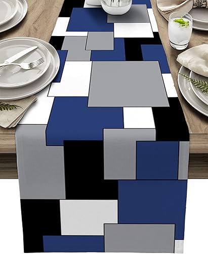 Miniatura 1 de Camino de mesa de arpillera de lino de 90 pulgadas de largo, arte abstracto moderno, bloque de color negro y azul marino para tocador, fiesta, sala