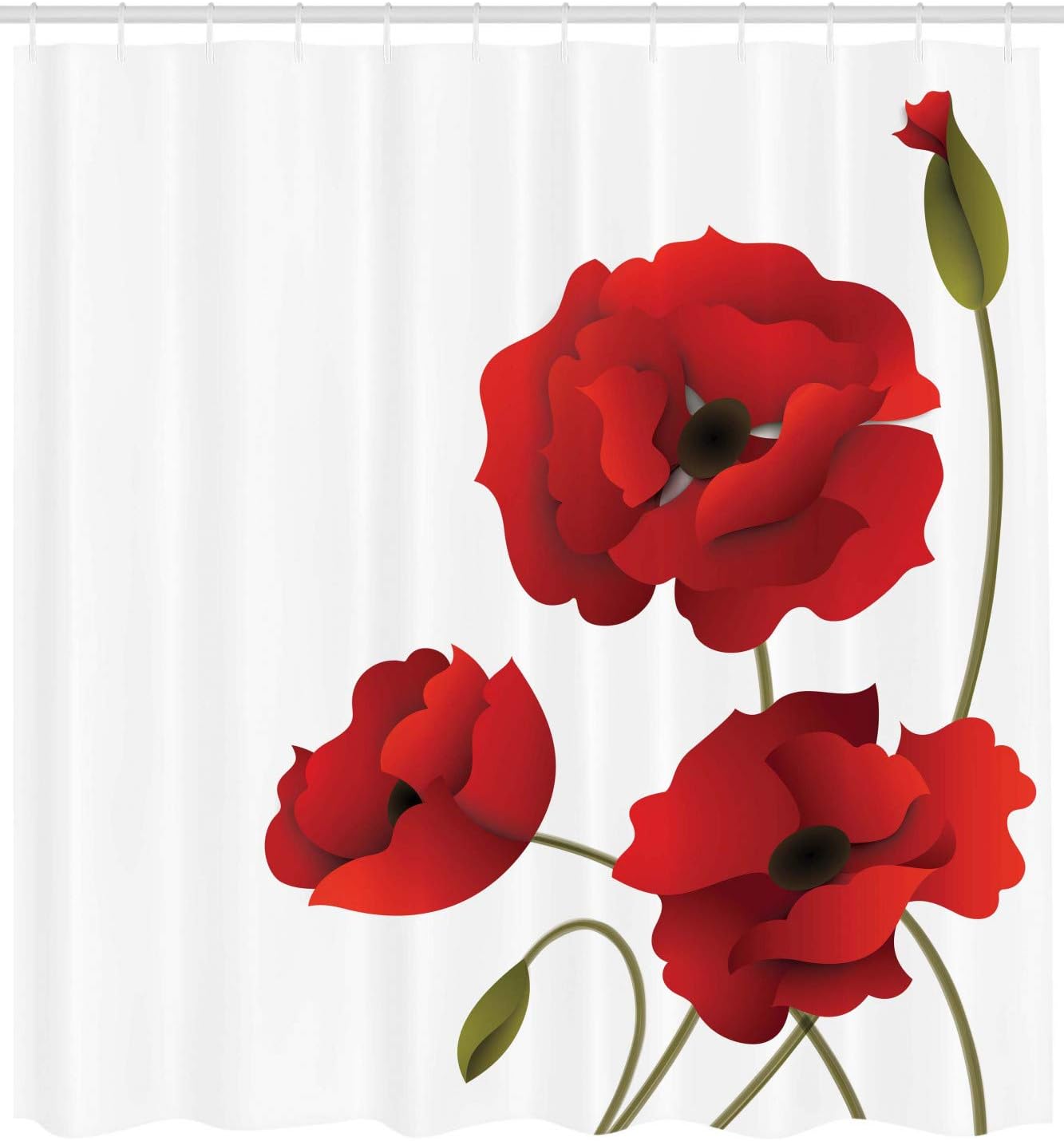Ambesonne Floral Shower Curtain, Poppy Flowers Petals with Buds Pastoral Purity Mother Earth Nature Design Print, Cloth Fabric Bathroom Decor Set with Hooks, 69" W x 75" L, Red and Green