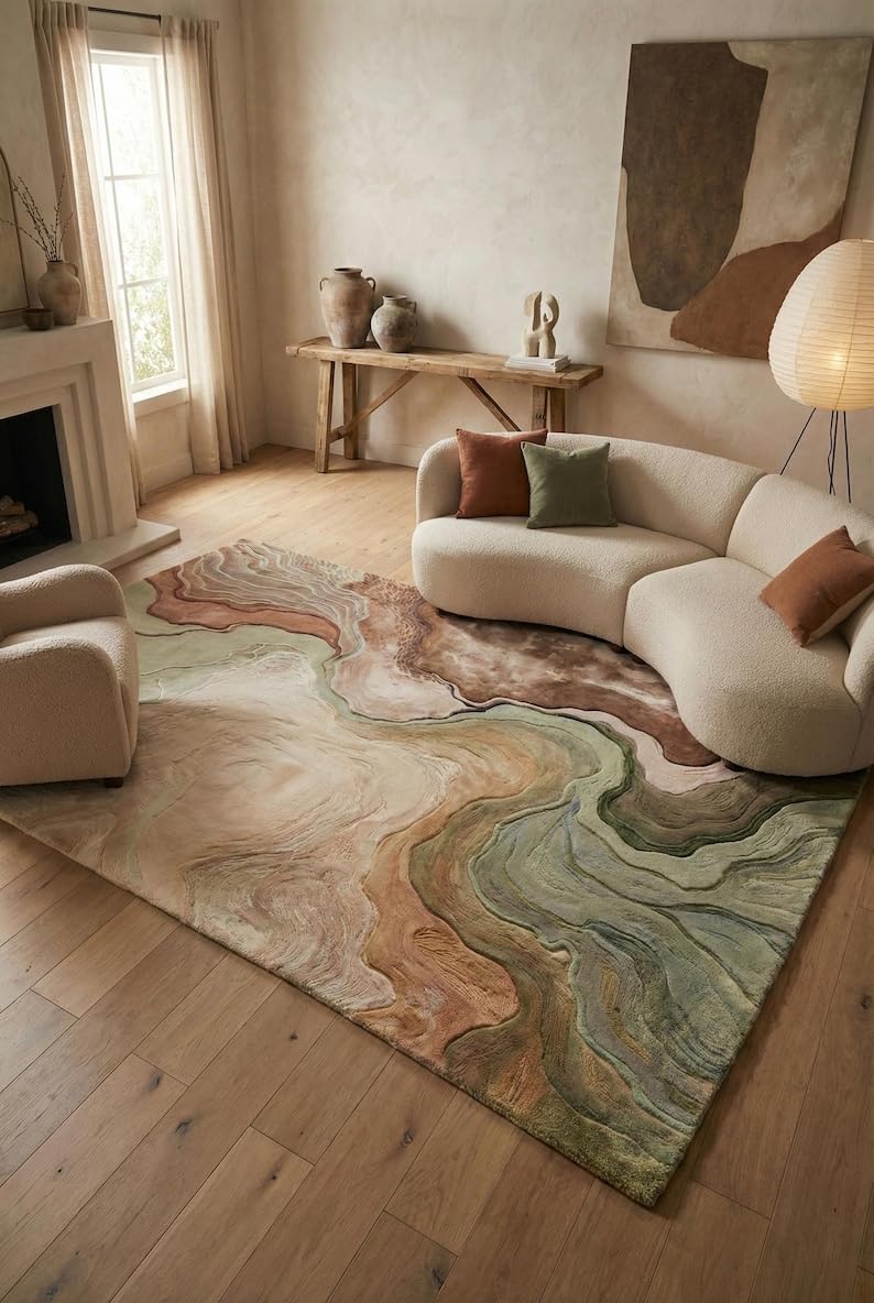 Tapis abstrait moderne lavable marbre antidérapant grand format salon et chambre