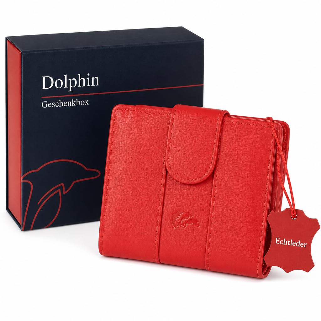 Dolphin® Damen Geldbörse Leder “Rapid Pay Lady” - Brieftasche mit kontaktloser Schnell-Zahlungsfunktion - Leder Portemonnaie mit RFID Schutz - Hochwertige Riegelbörse mit viel Stauraum (Rot)