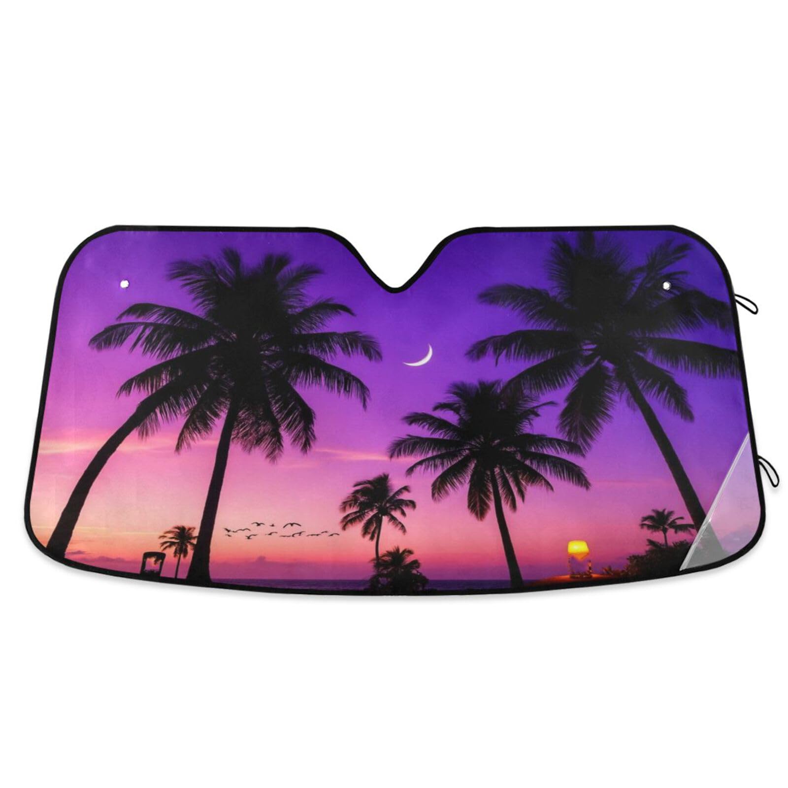 Tropical Beach Palm Tree Car Sun Shade Windshield Purple Sunset Sky Sunshades Reflective Block UV Rays Protector Keep Your Vehicle Cool Visor Cover Foldable for Car Truck SUV L