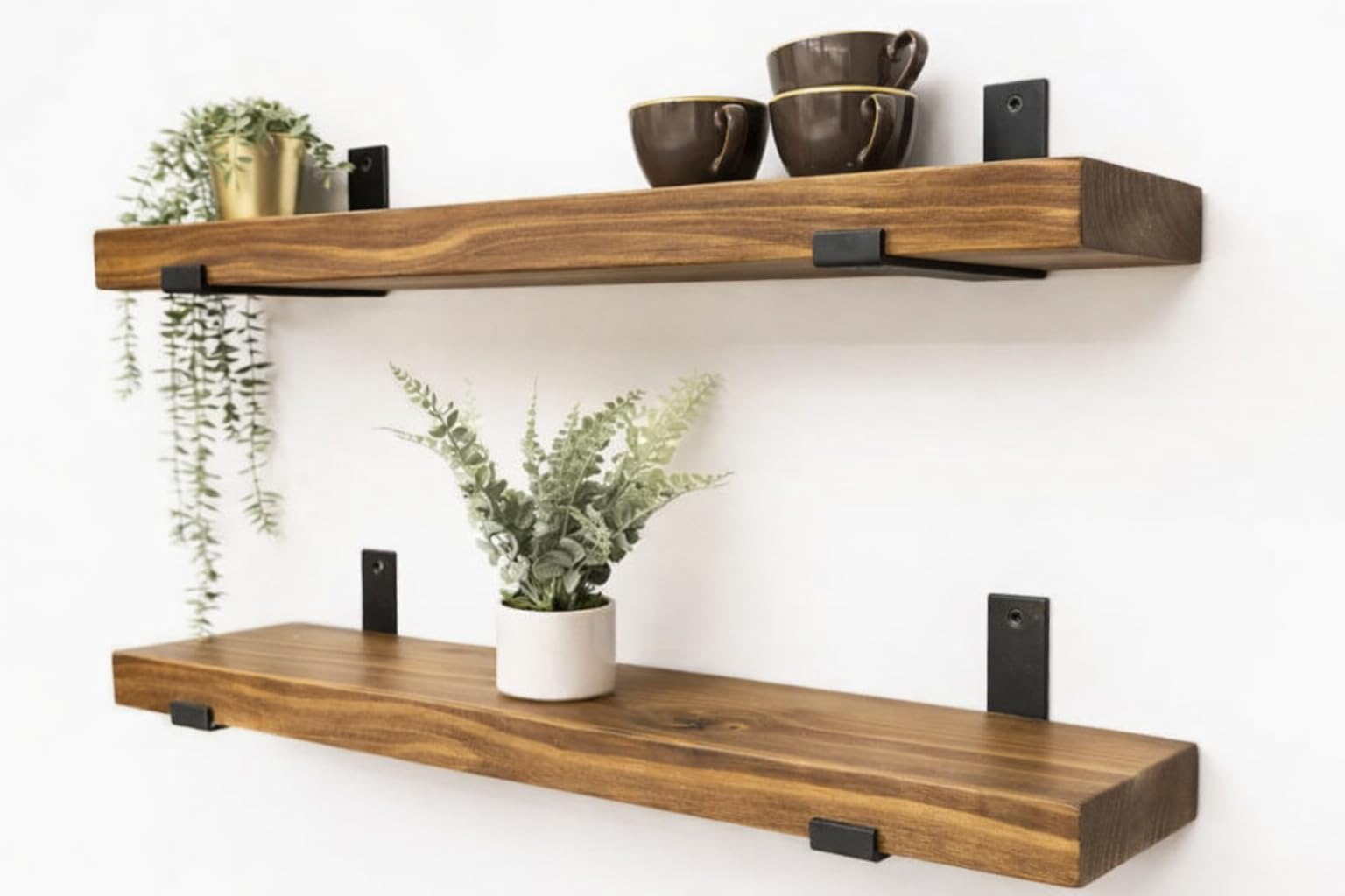 Rustic Floating Shelf, 6x2 with Black Brackets, Solid Pine, Wall Mounted — image 1