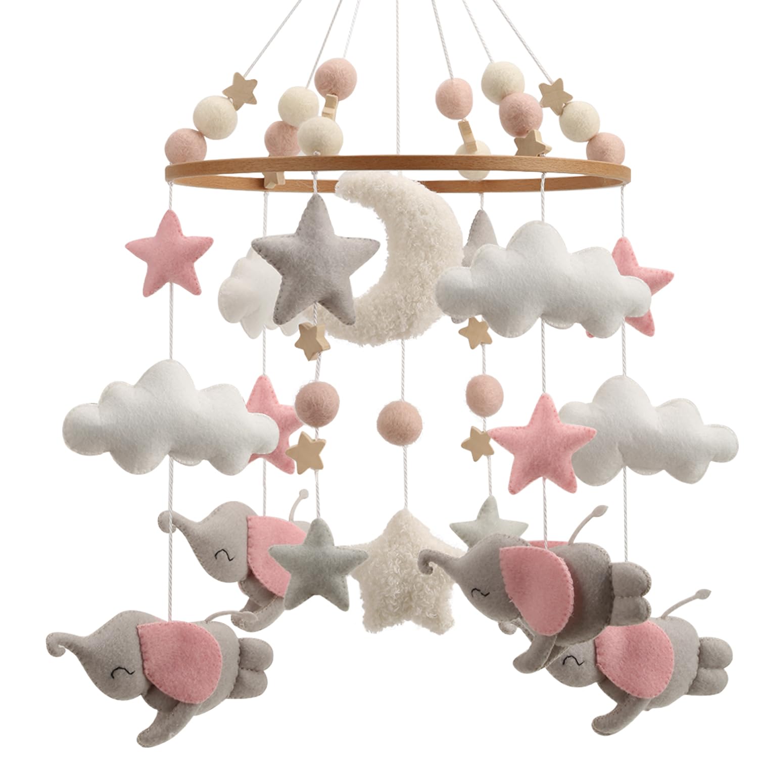 Elephant Mobile for Crib - A Beautiful Elephant Crib Mobile with Stars and Clouds and Grey Elephants with Pink Detail