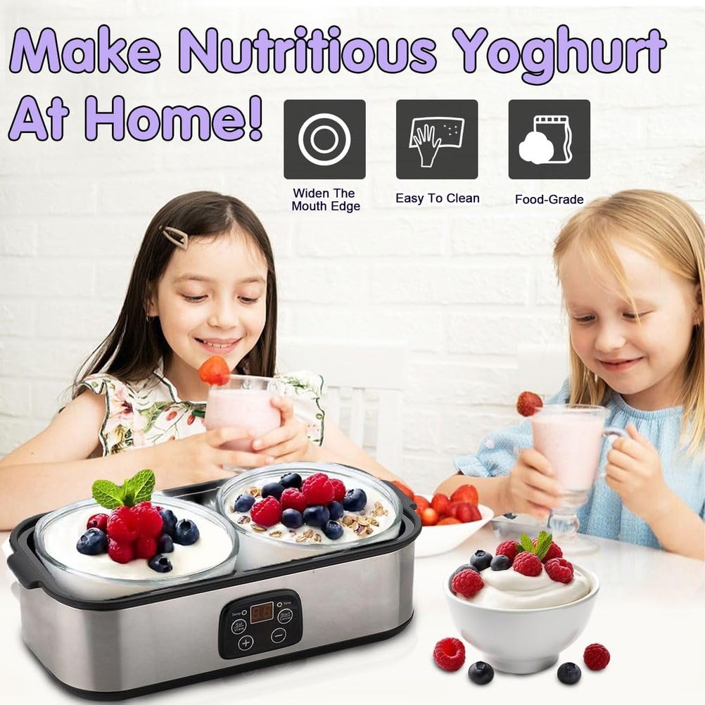 Yogurtiera Elettrica con 2 Vasetti in Vetro | Controllo della temperatura regolabile, yogurtiera in acciaio inox per yogurt probiotico, biologico e dessert fatti in casa