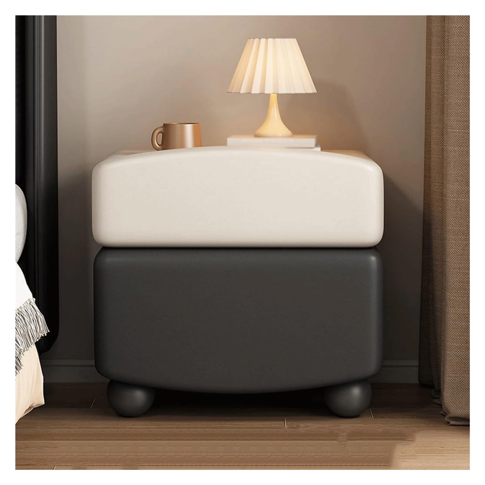 SXZenSpace Lightweight Nightstands Solid Wood Bedside Cabinet with 2 Drawers,Bedside Table Small Leather Side Borderless Handle End Table(Beige+Black,45cm/17.7 in)
