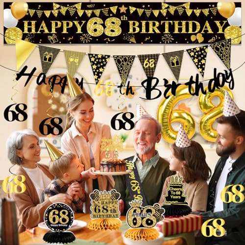 Image of 68th Birthday Decorations for Men, Black Gold 68th Party Decoration Kits | 27pcs Happy 68th Birthday Set, Banner, Honeycomb, Balloons, Gold Number, Candle, Hanging Swirls, Cake Topper, Party Supplies