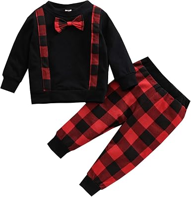 Amazon.com: Conjunto de 2 piezas de ropa de Navidad de manga larga con lazo  y pantalones de cuadros rojos : Ropa, Zapatos y Joyería