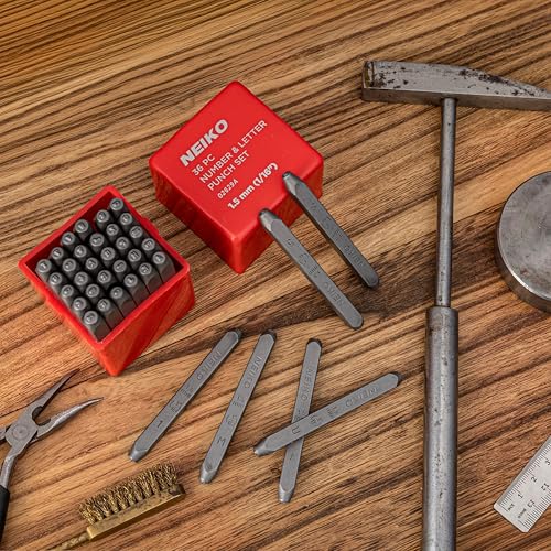 Image of NEIKO 02629A Number and Letter Punch Set with Heat-Treated Steel Punches, Imprinting & Arts and Crafts, 1 /16 inch (1.5MM) Shaft, 36 Pc Stamp Set, Uppercase Letter & Number Punch Set (A-Z / 0-8 / inch& inch)