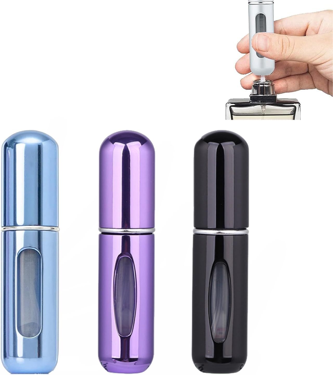 Parfumverstuiver, navulbare parfumflessen, draagbare verstuiver, 5 ml, mini draagbare verstuiver, spuitflessen, voor vliegreizen, vakantie, dating nacht uit (blauw + zwart + paars)