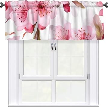 Short Rod Pocket Curtain Valance,Pink Cherry Blossom Sakura Window Treatment Decor Curtains for Kitchen Living Room, Bedroom, 1 Panel, 54" W x 18" L