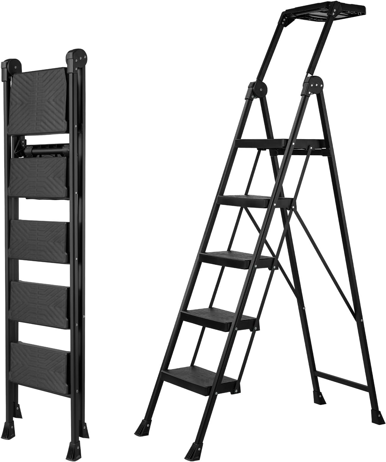XinSunho 5 Step Ladder, Foldable Handrail & Tool Tray Stool Ladders with Anti-Slip Wide Pedal, 660 lbs Sturdy Steel Ladder for Home Kitchen and Outdoor