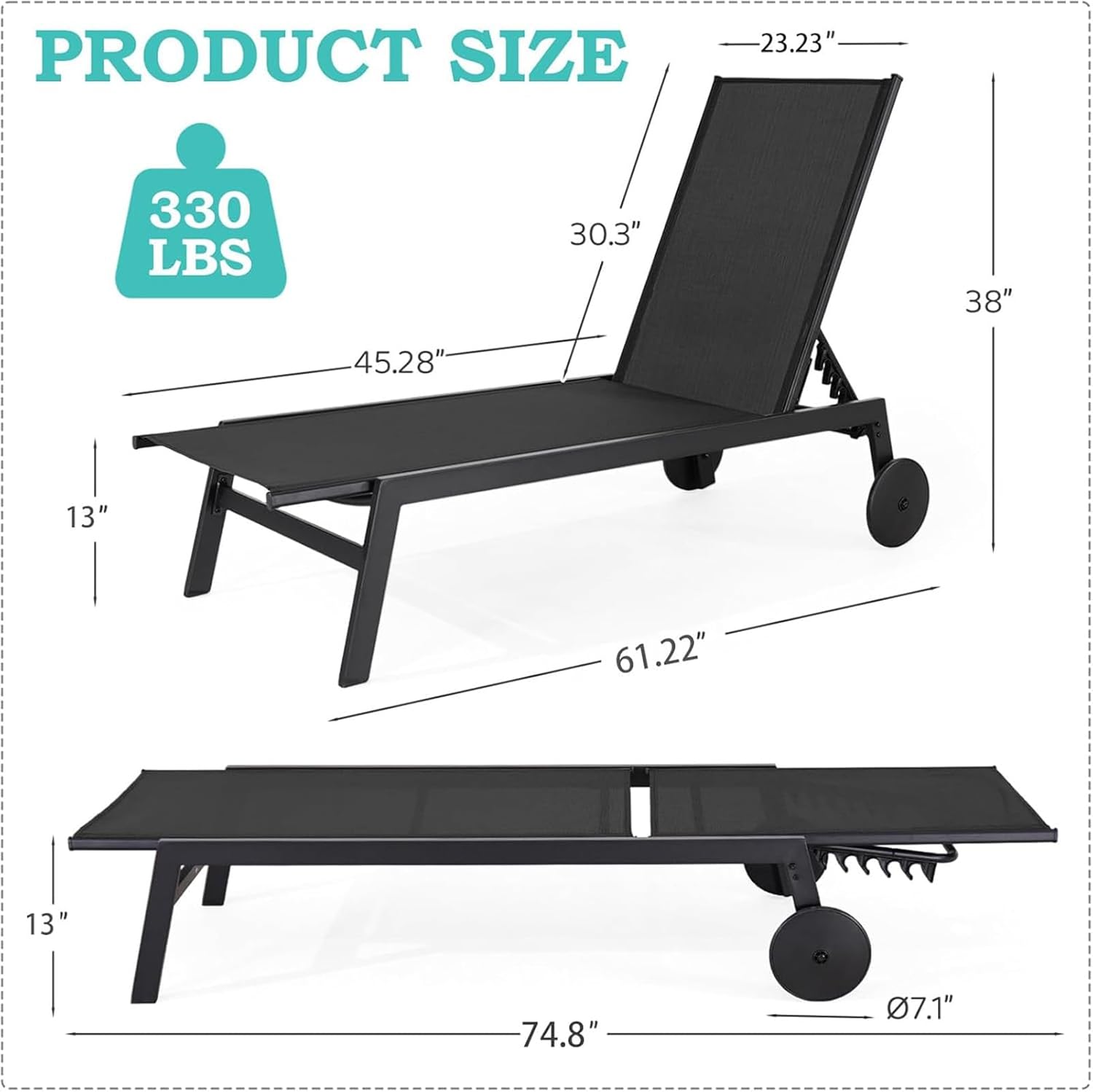 EROMMY Patio Chaise Lounge Chair Set of 2 with Wheels, Outdoor Lounge Chairs with Adjustable Backrest, Waterproof Poolside Lounge Chairs