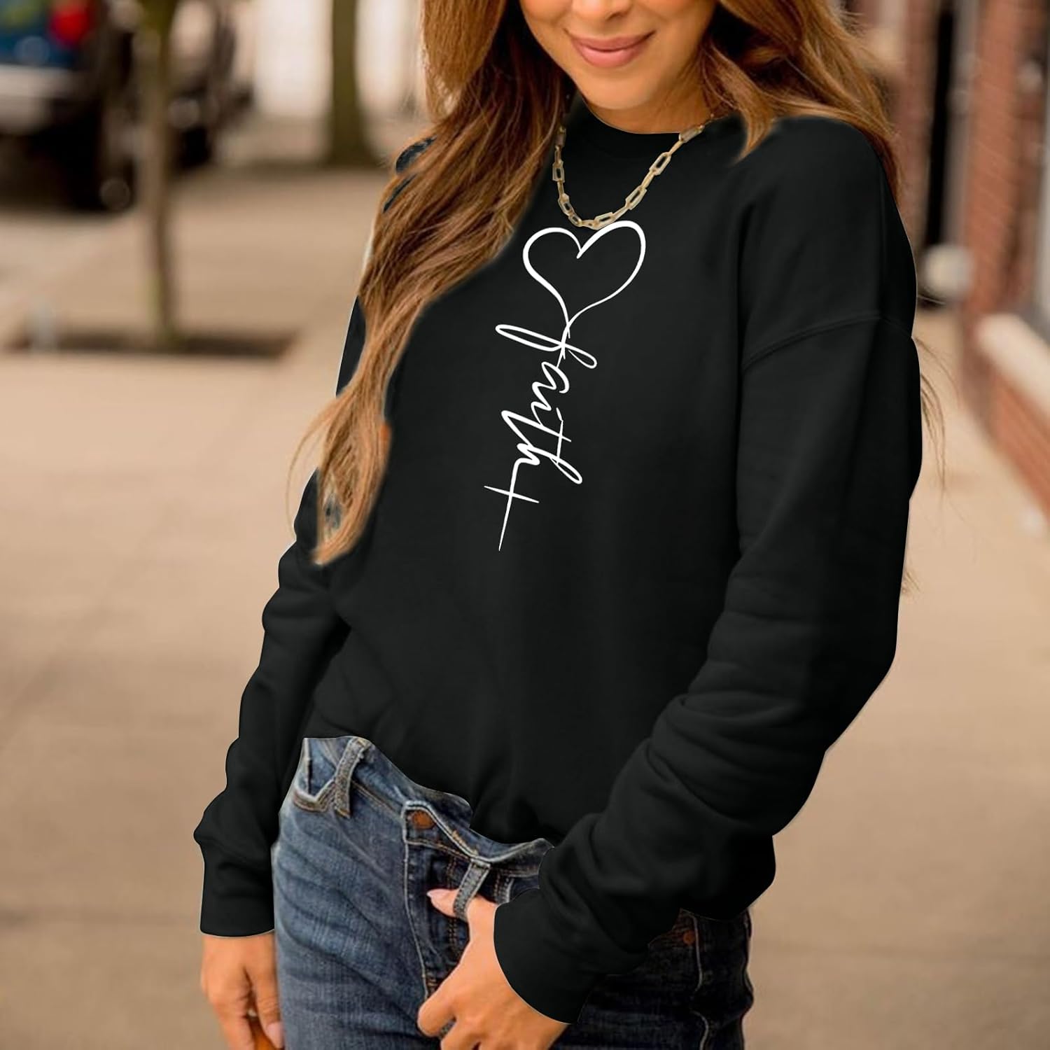 KIEKIECOO Faith Christian Sweatshirts for Women Religious Crewneck Sweatshirt Letter Print Fall Pullover Long Sleeve Tops - Image 3