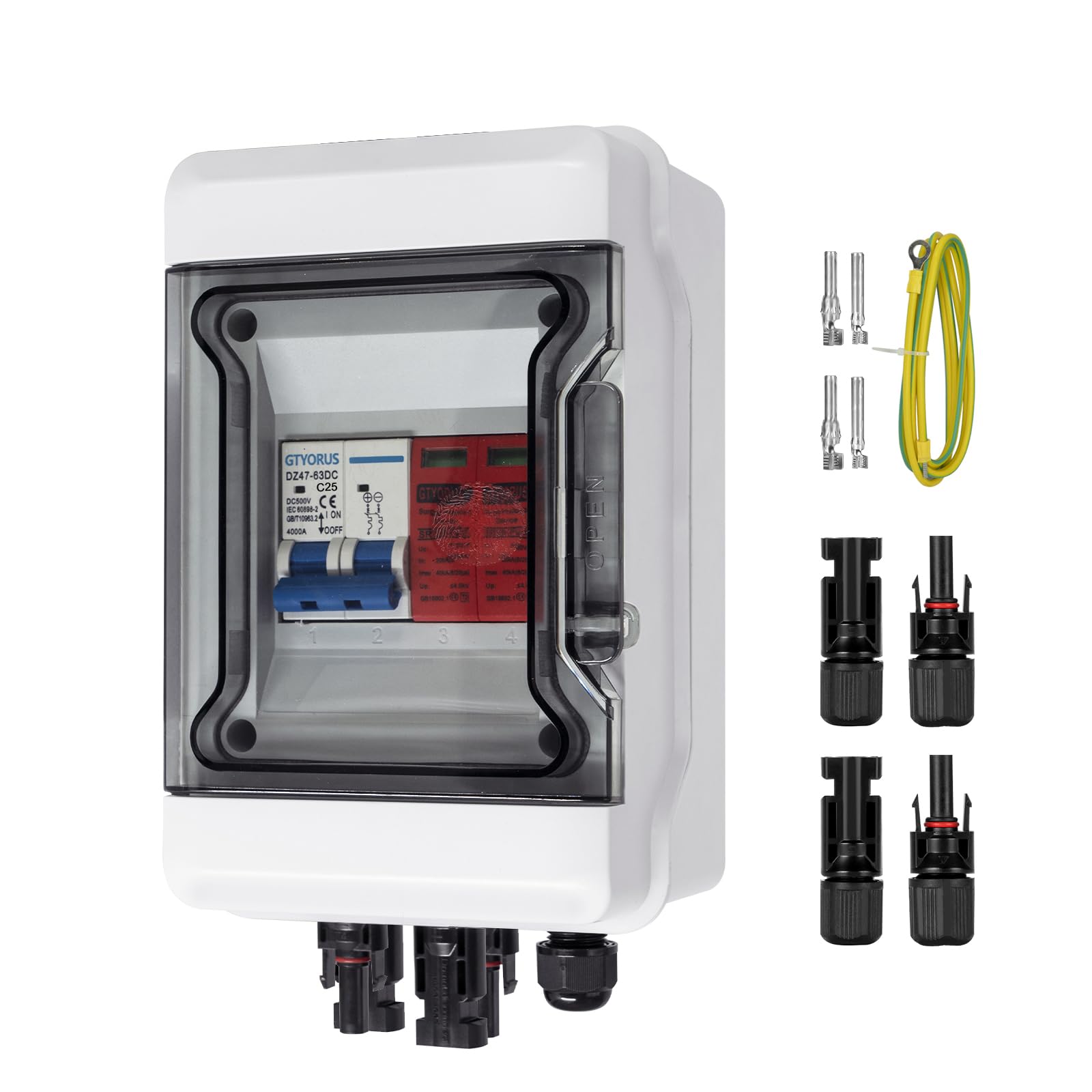 Scatola di Giunzione Solare, Protezione Contro Le Sovratensioni IP65, Interruttore Fotovoltaico 1 Stringa DC 500 V Con Spina Solare (1 in 1 Uscita, 25A)