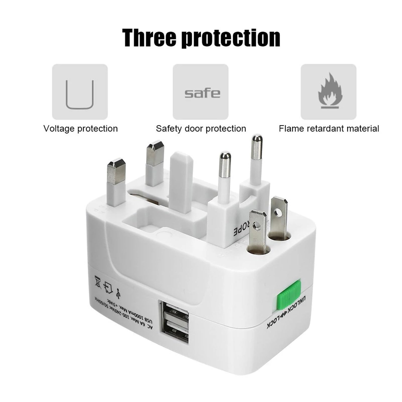 Universeller Steckeradapter AU/US/UK/EU mit 2 USB-C-Anschlüssen | Reiseadapter mit AU/US/UK/EU-Steckern. Enthält 2 USB-C-Anschlüsse. CE-zertifiziert.(White 2USB)