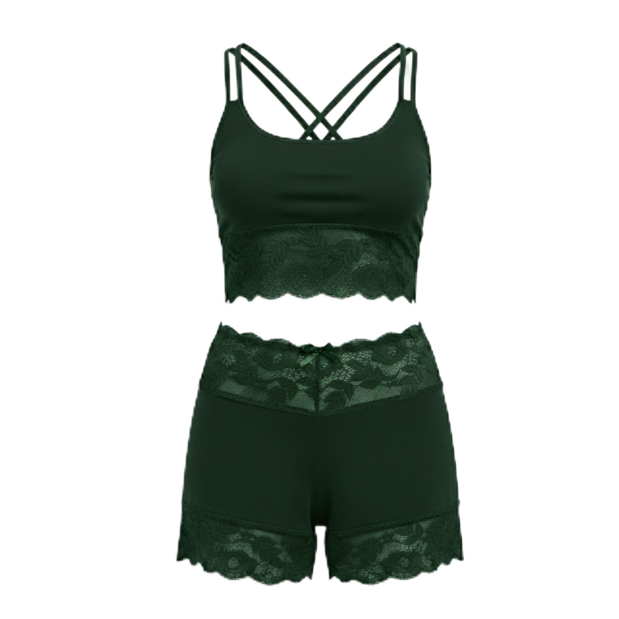 Women's Lace Trim Cami Bralette and Shorts Pajama Set | Two-Piece Sexy Loungewear Sleepwear and Nightwear Set for Comfort-image-29