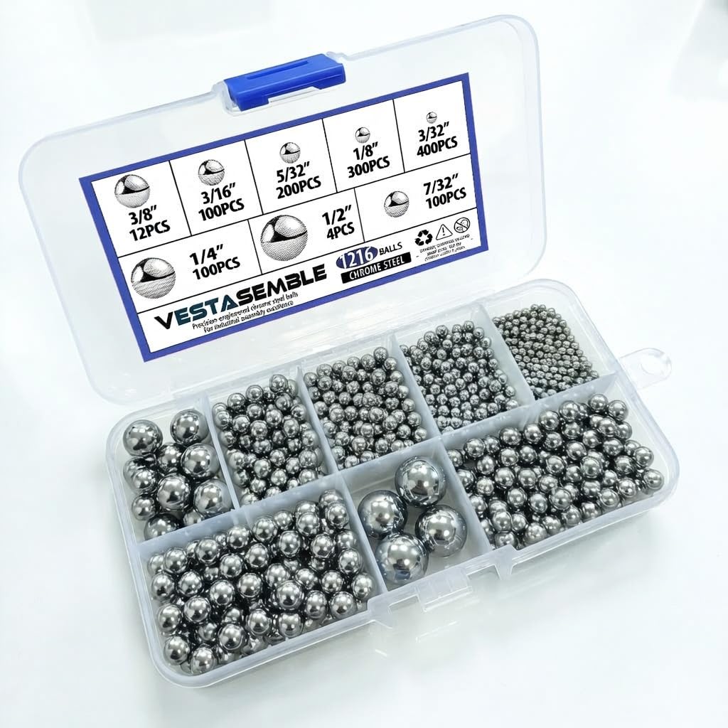 1216Pcs G100 Chrome Steel Ball Bearings Kit - AISI 52100 High Carbon Steel, 8 Sizes (1/2" to 3/32") for Ball Bearings, Drawer Slides Repair & Baleros Replacement