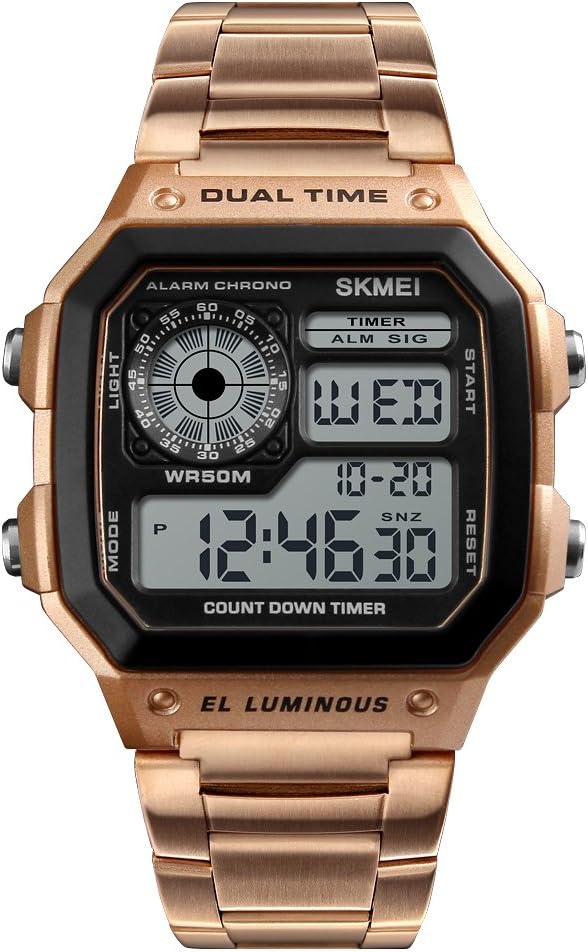 Men's Watch Digital Sport Men Wrist Watch Luxury Stainless Steel Waterproof LED Display Wristwatches, Rose Gold,