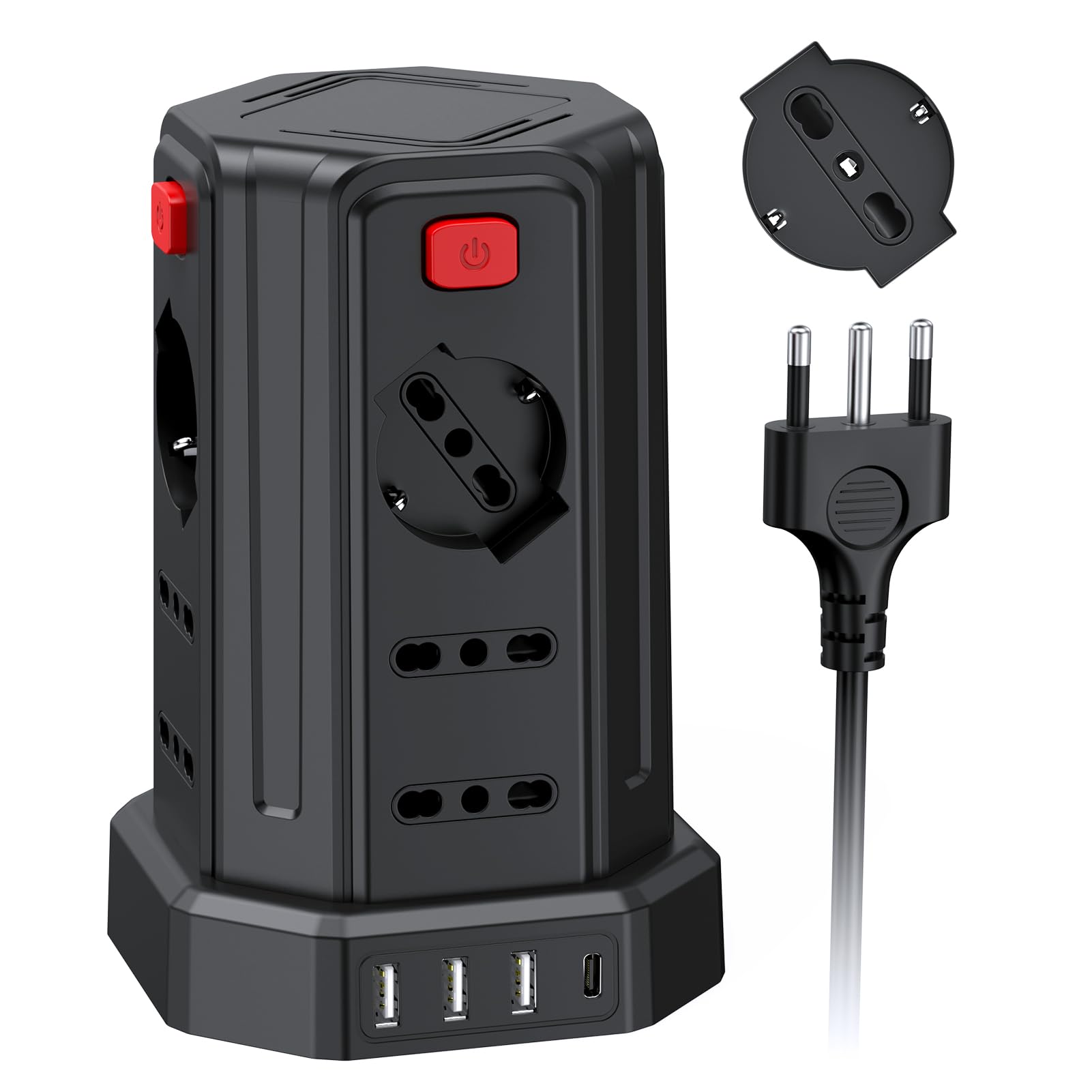 Regleta eléctrica con 12 Tomas universales 10/16 A ITA y Schuko y 3 USB A+1 USB C protección contra sobretensión con 4 interruptores Independientes, Negro