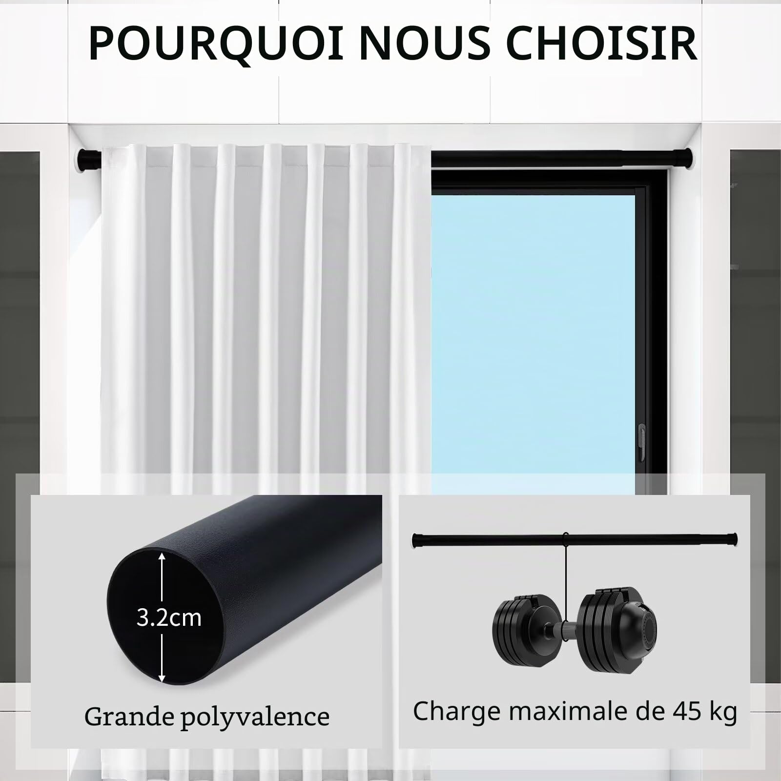 Joydeco Tringle de Rideau Douche Extensible sans Perçage 360cm-410cm, Barre Montage sans Vis en Acier Inoxydable, Diamètre 32mm, Tringle Multifonctionnel pour Salon Chambre Balcon - Noir