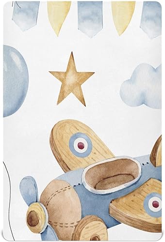 CEBUGI Sábana bajera elástica para cuna para bebé, niño y niña, paquete mini portátil de avión en las nubes, sábana bajera para juego neutral,