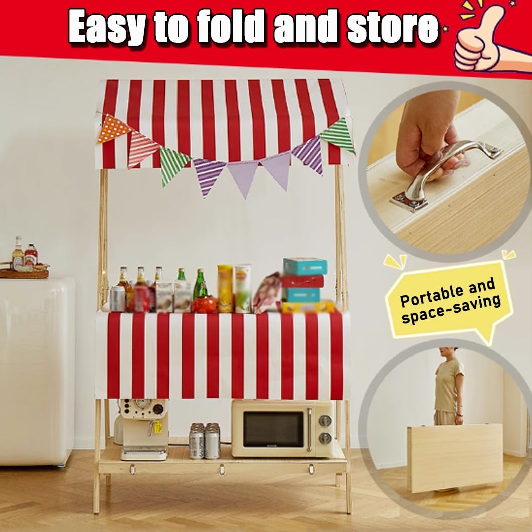 YVYKFZD Stand Marché Chariot en bois, Étal de Marché pliable et portable avec auvent, Chariot de Vente commercial à 2 niveaux, Stand de Marchés for la vente de rue(Pink 2,140cm/51.1")