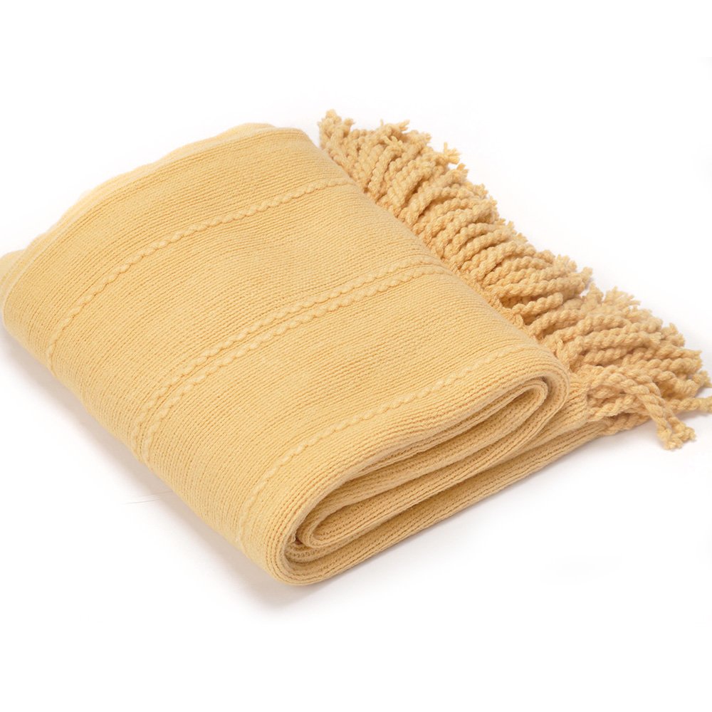 Battilo Throw Blanket for Couch, Cable Knit Blanket with Tassel 125x150cm, Lightweight Soft Cozy Decorative Throw, Throw Blankets for Sofa, Bed, Outdoor Blanket for Picnic, Travel (Yellow)