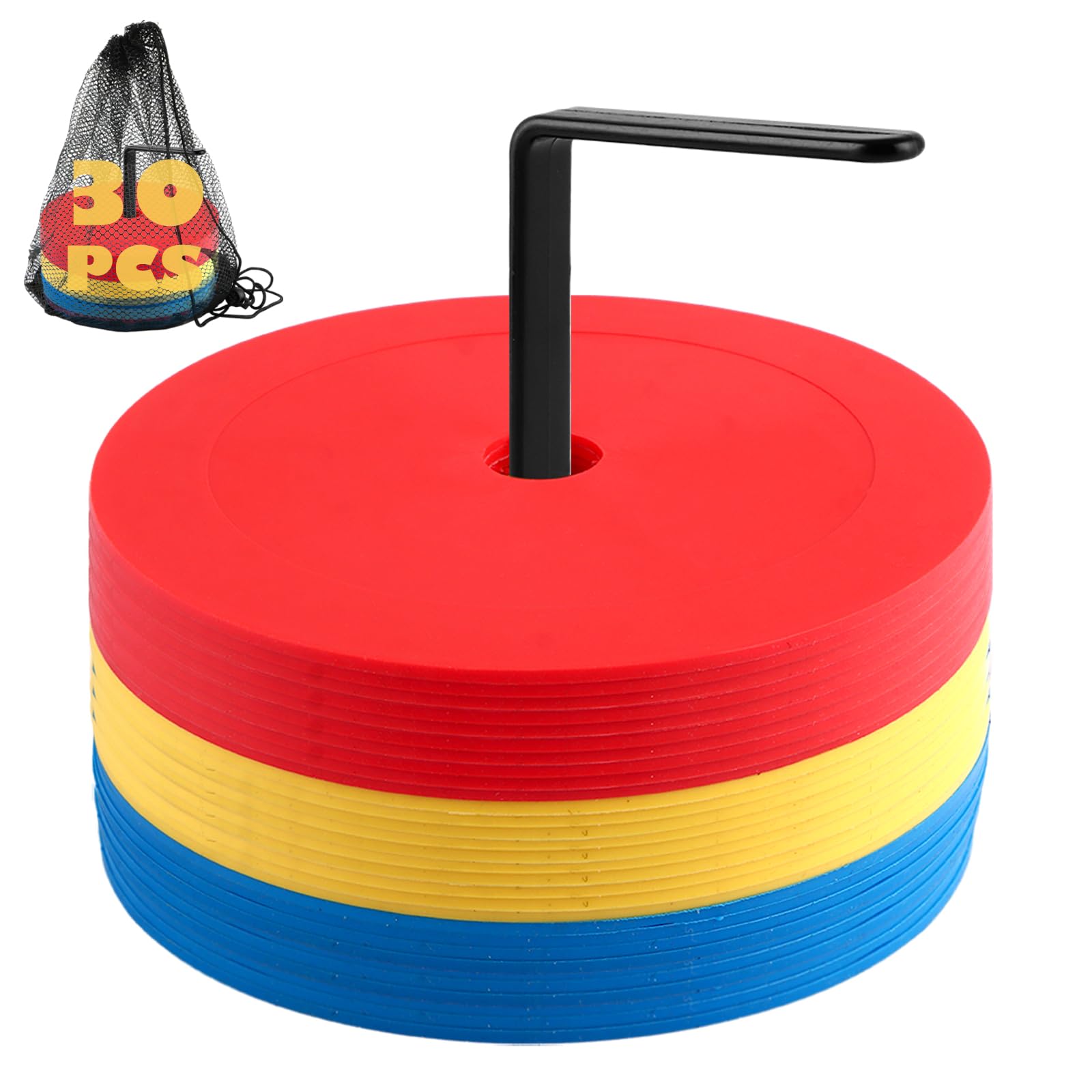 Lot de 32 cônes de marquage de 15 cm - 3 couleurs - Avec support de rangement et sac en filet - Cônes d'entraînement ronds pour football et athlétisme - 1