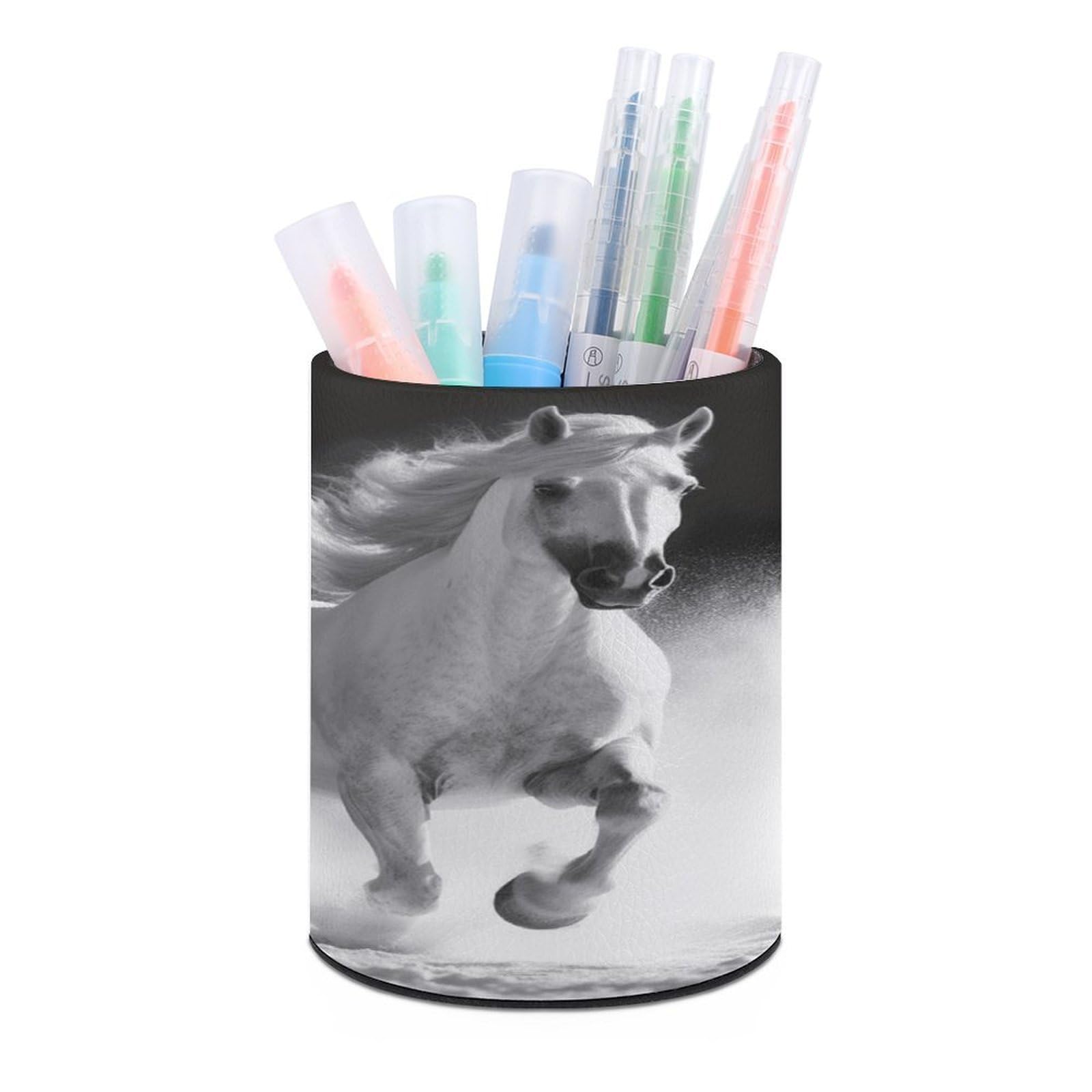 VstaDank Black And White Horses Running Pen Holder for Desk Makeup Brush Holders Stylish Pen Cup Cute Pencil Cup Round Pencil Holder Decor Brush Scissor Holders for Multifunctional Office Supplies