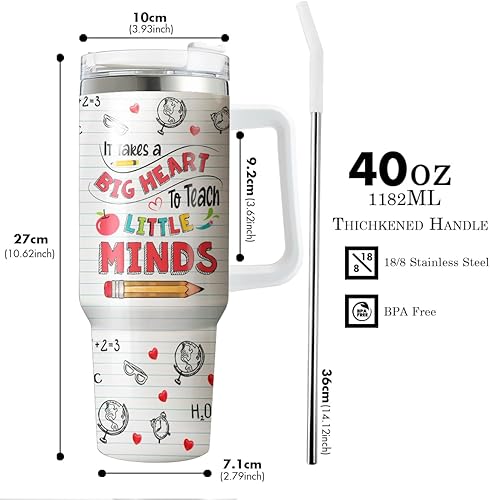 Miniatura 3 de La Fonte Vaso personalizado para profesor con asa y popote en inglés "It Takes A Big Heart", taza de café para profesores, taza de viaje para