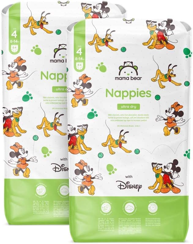Amazon Brand - Mama Bear Disney Ultra Dry Nappies, Size 4 (8-14 kg), 168 Count (2 Packs of 84), White, Monthly Pack