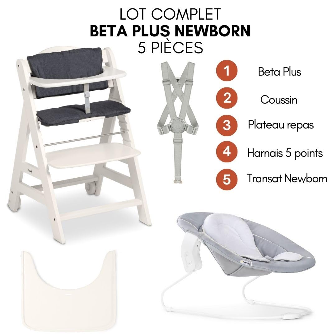 hauck Chaise Haute Bébé Beta+ avec Siège Nouveau-né 2 en 1 – White | Chaise haute évolutive en bois, de la naissance à 90 kg, inclus assise bébé, roues, plateau repas, coussin
