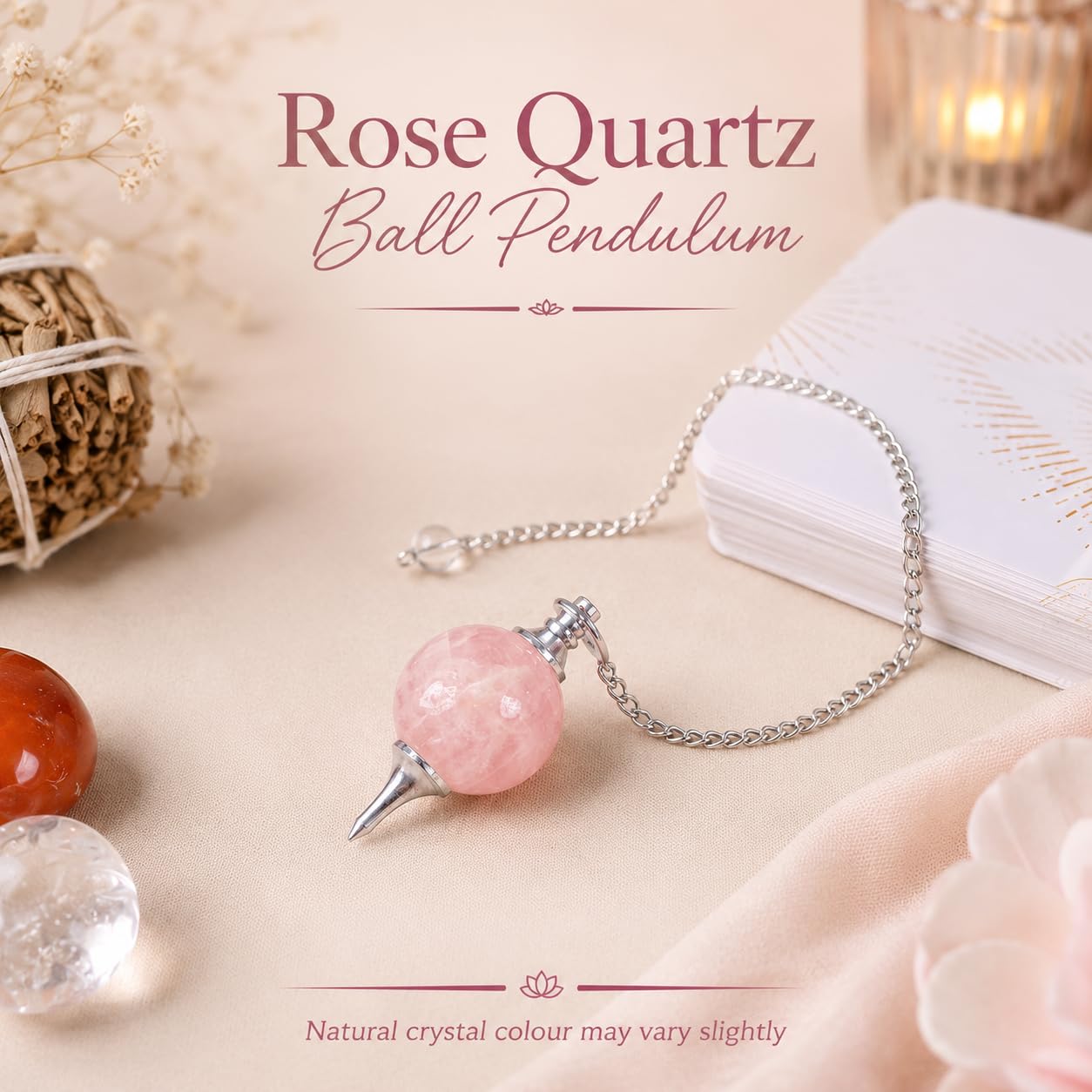 Original Rose Quartz Crystal Stone Ball Pendulum | Natural Love Stone Dowsing Pendulum Meditation Tool | Healing Crystal for Reiki, Chakra Balancing & Feng Shui | Vastu Decorative Item for Home