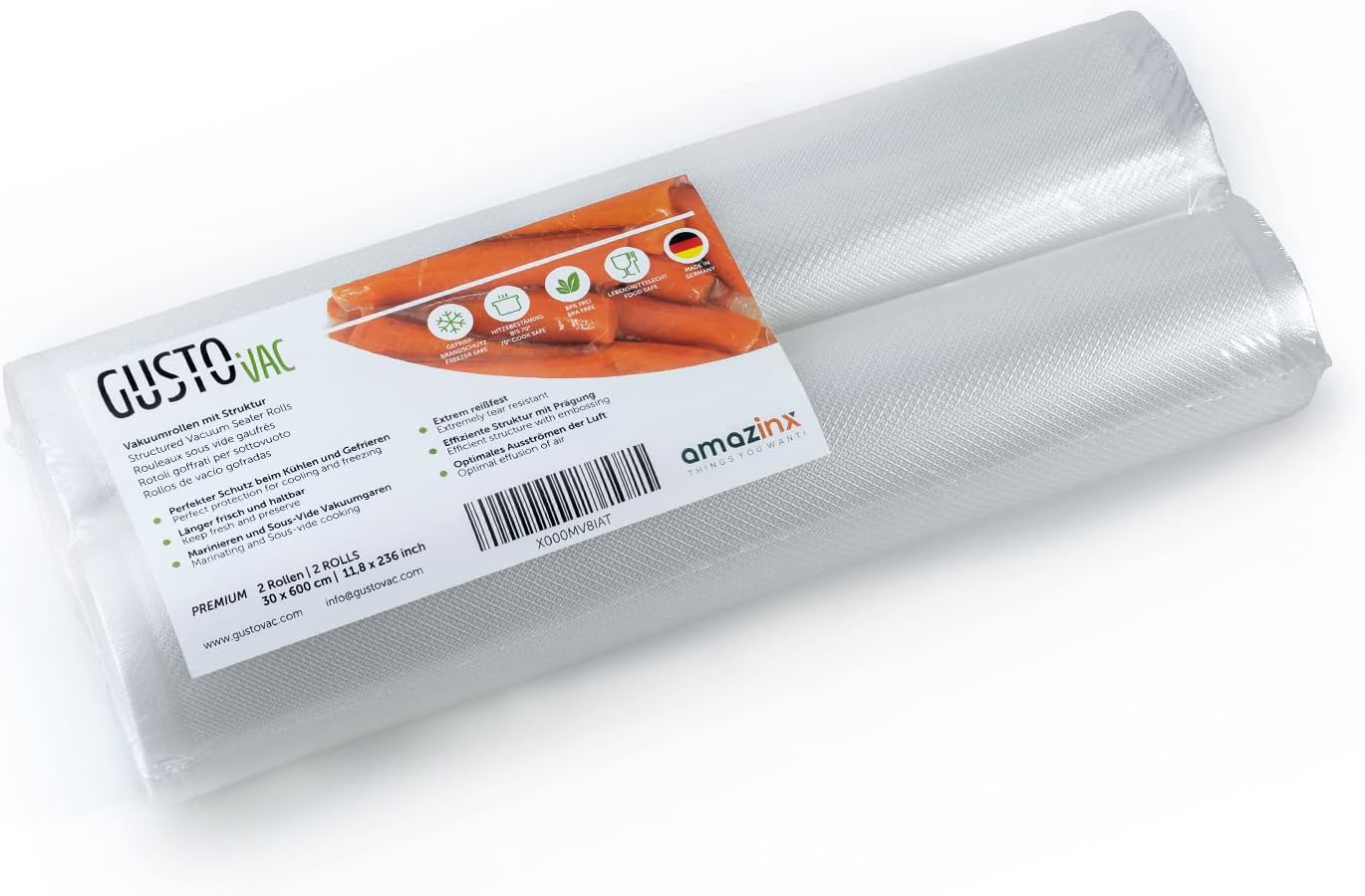 Premium Vacuum Rolls, 2 Rolls 30 x 600 cm, Professional Vacuum Sealer Bags for Vacuum Sealers, Boil-proof & Sous Vide Freezer Bags, Food Vacuum Sealer Bag, BPA-Free