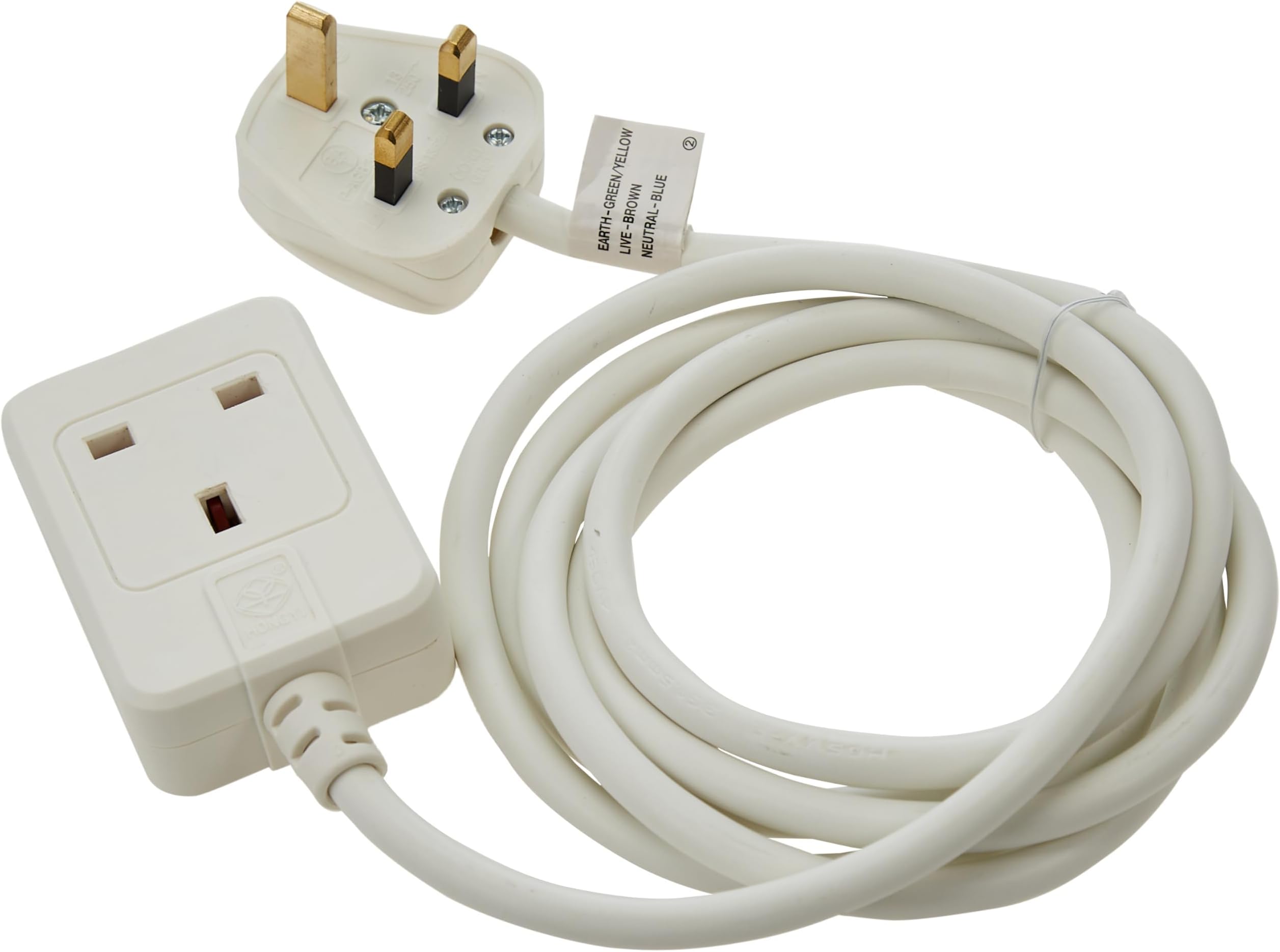 Extension Cable for Home and Office (2 m Cable for Indoor Use, with Rubber Socket 13A BS) White