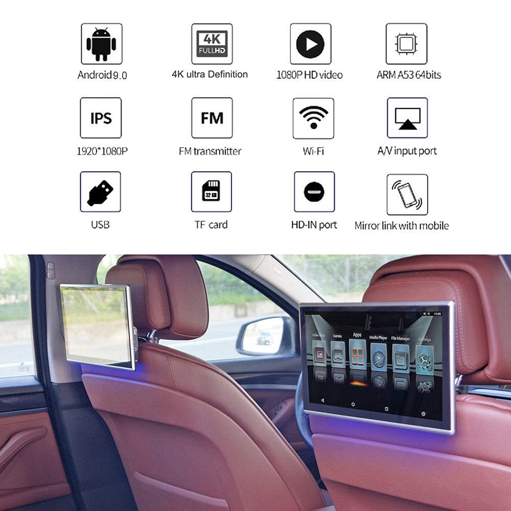 Lettore Dvd Per Poggiatesta Per Auto Da 12'', Schermo Capacitivo Tattile Ultrasottile 4K IPS Ultra Definition A 5 Punti, Con Funzione Mirror Link, Ingresso Hdmi/Fm/AV-In/Usb,Wi-Fi Integrato,2 Pezzi