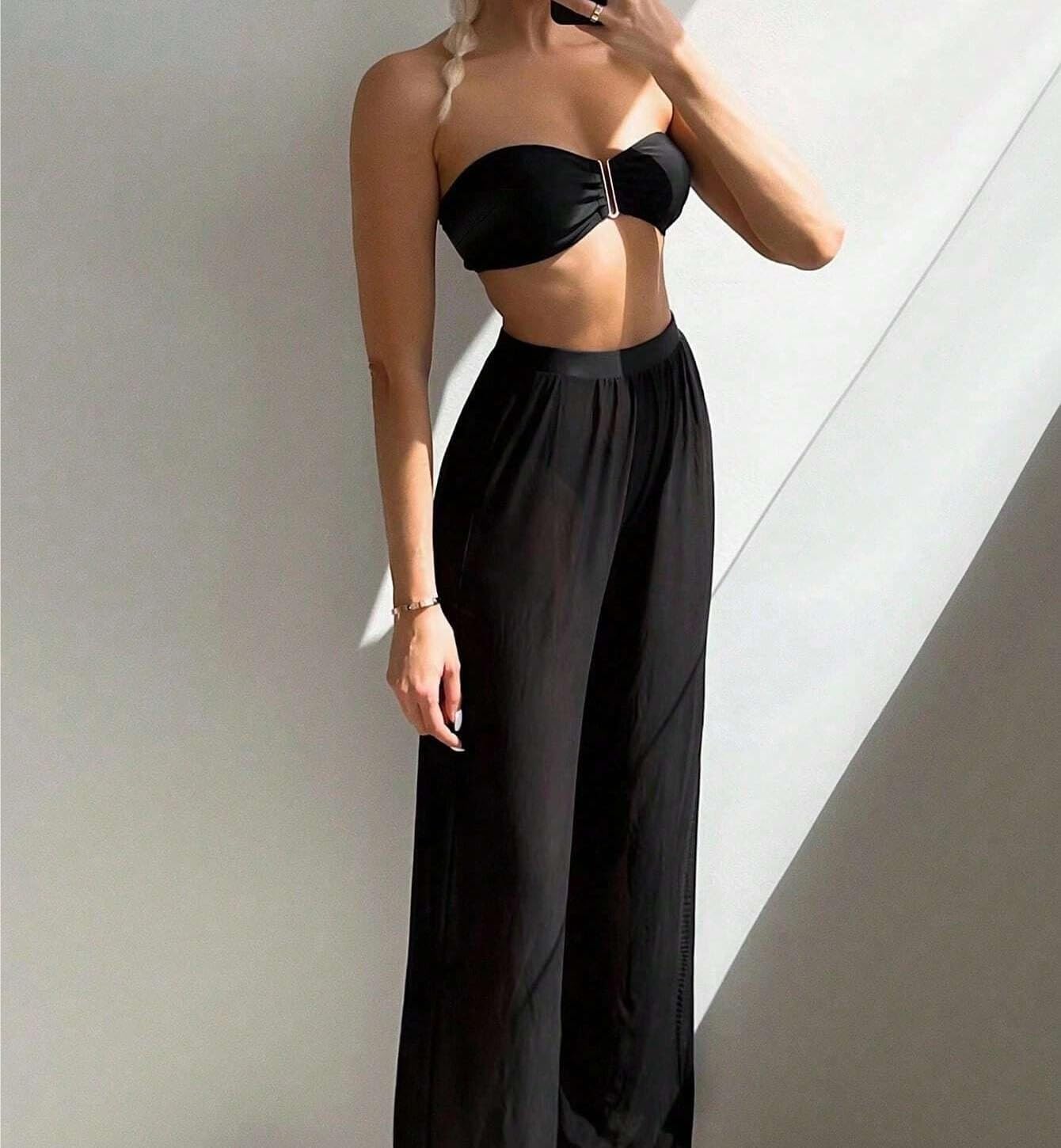 Wocrolse Women's High Waisted Bandeau Bikini Set with Cover Up Pants 3 Piece Swimwear for Summer Beach