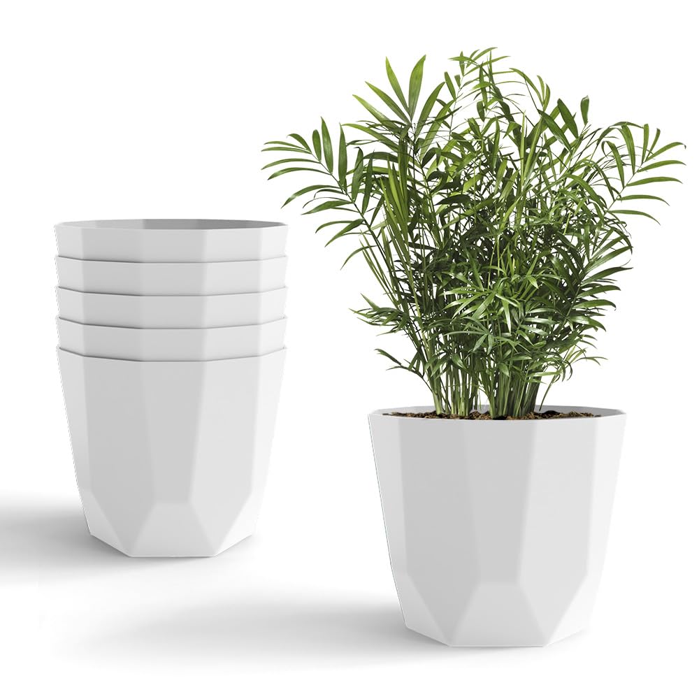 YUCCABE ITALIA SHERA Hexa Plastic Flower Pot with Drainage Holes Round Planter Pot Suitable for Indoor Outdoor Kitchen Garden (White, 12 INCH - 6 Pcs)-image-22