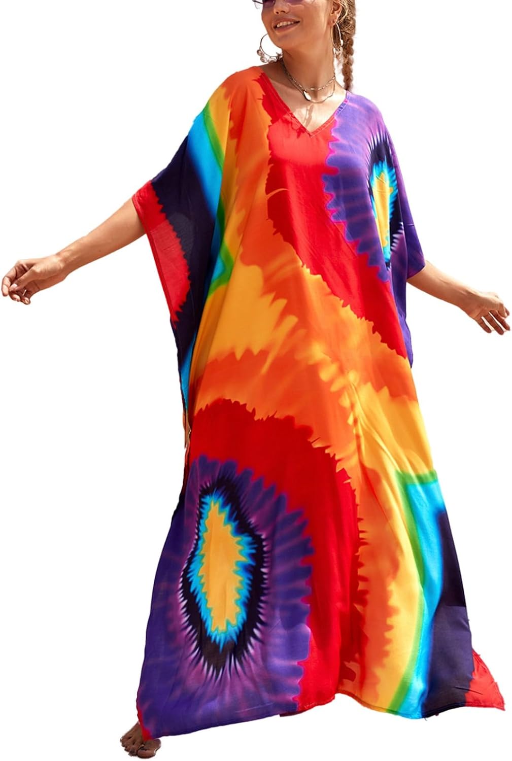 Lziizl Kaftan Dresses for Women Plus Size Bathing Suit Cover up Batwing Sleeve Caftan Maxi Beach Dress