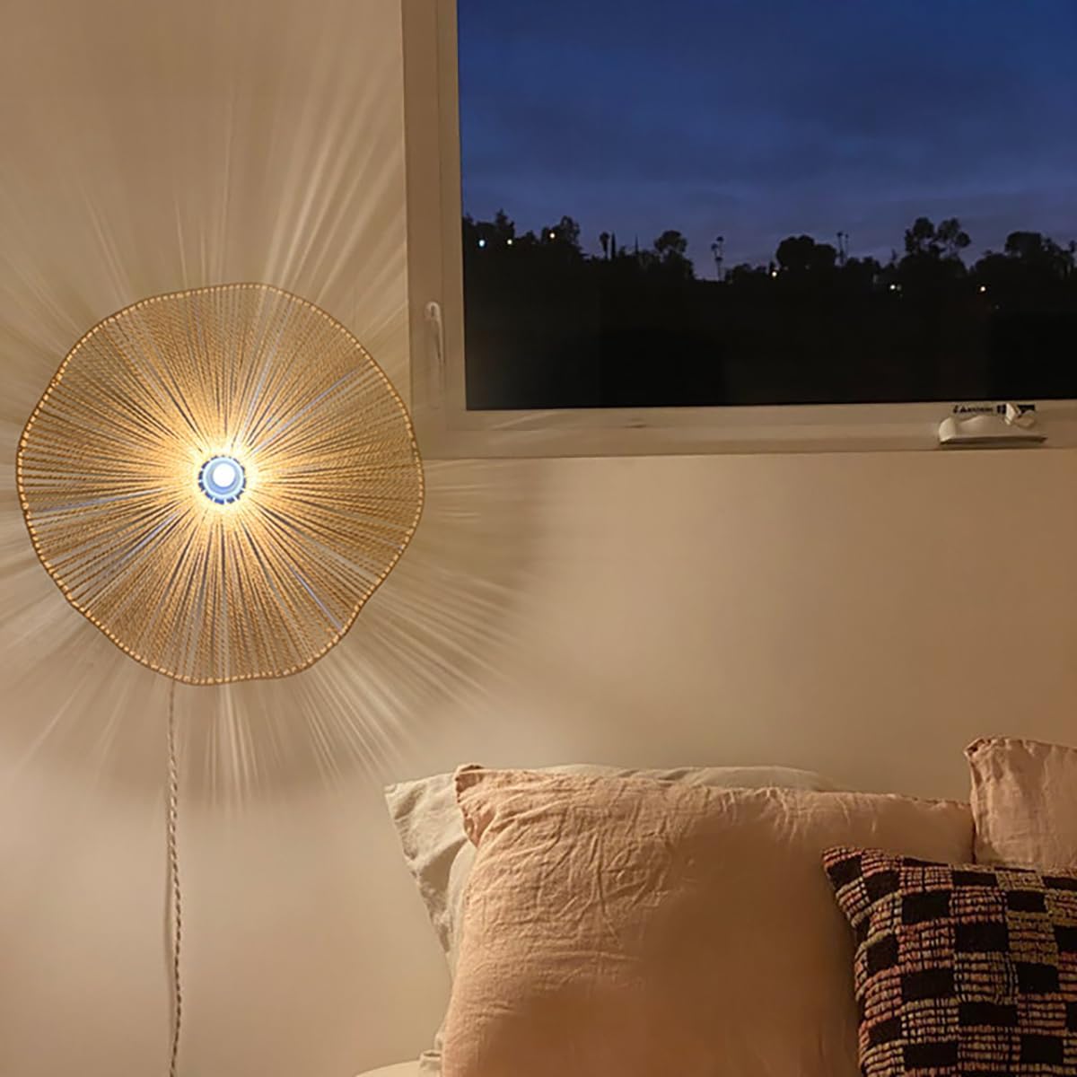KZT 40CM Vintage Wandlampe mit Dimmbar Schalter und Stecker Boho Rattan Wandleuchte Innen E27 Nachttischlampe Rustikal mit 180cm Kabel für Schlafzimmer Wohnzimmer Flur Cafe
