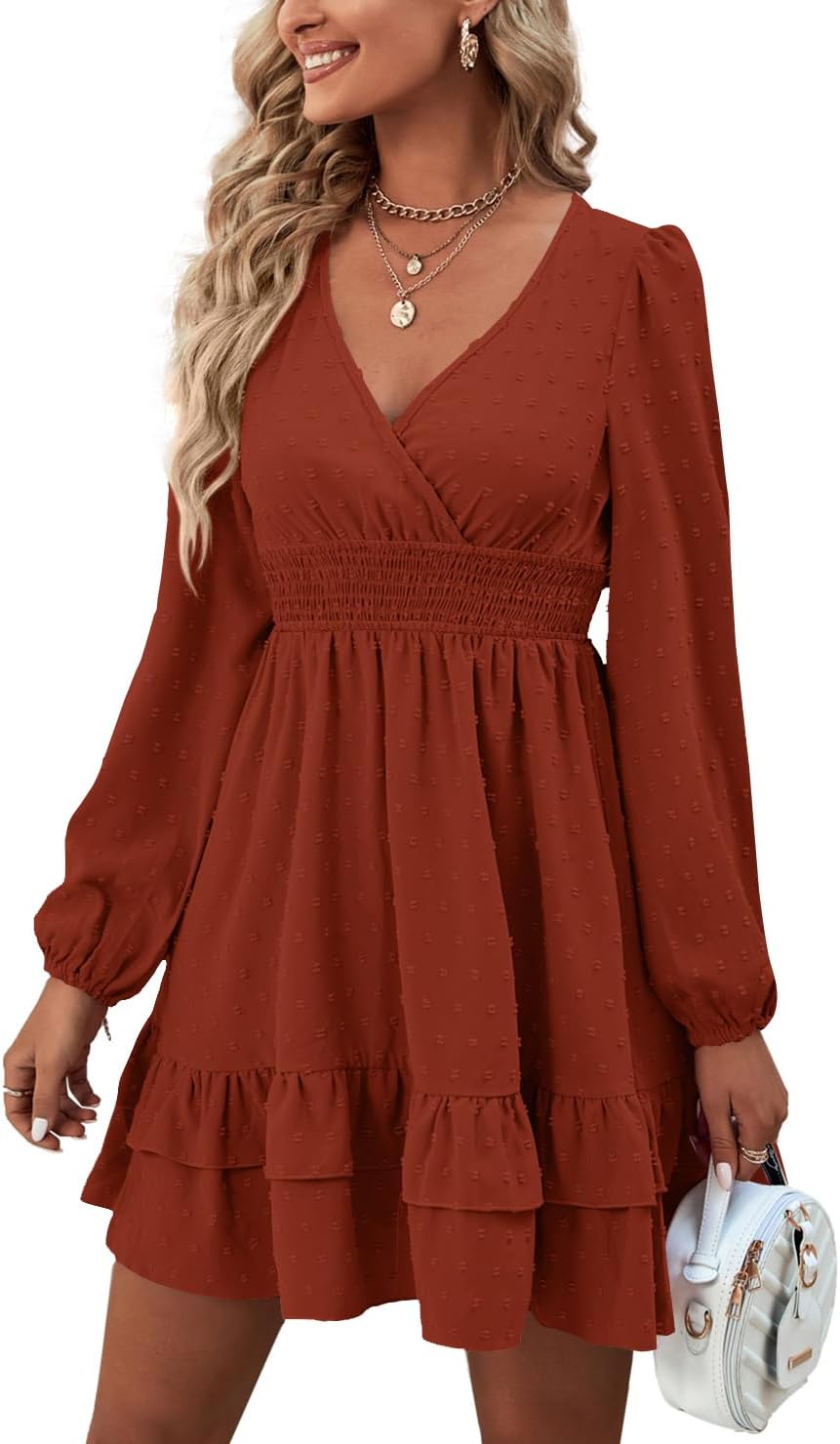 Rooscier Women's Wrap V Neck Swing Ruffle Swiss Dots Long Sleeve Mini Dress