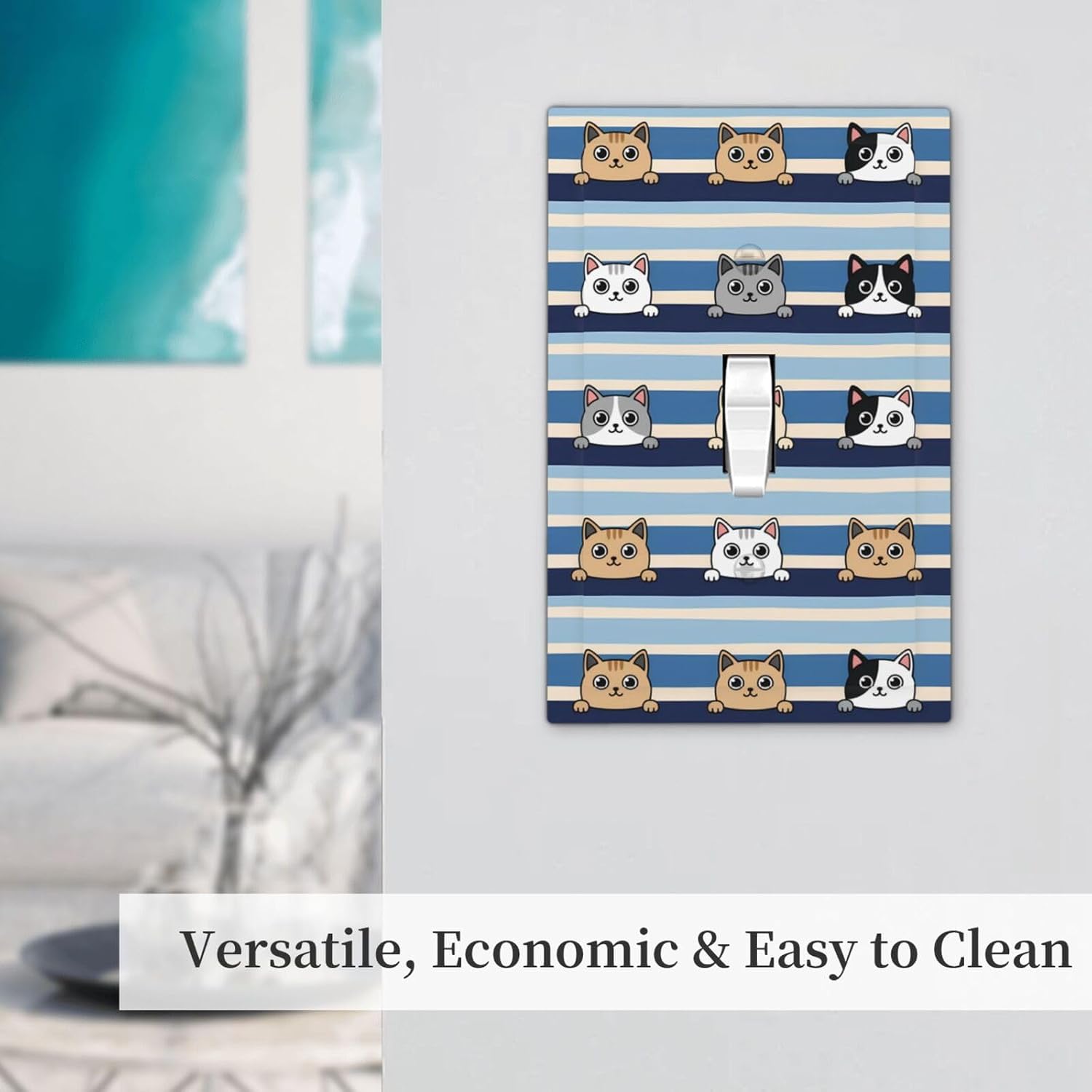 Light Switch Cover Plate Cute Cats Blue Beige Stripes 1 Gang Single Toggle Decorative Switch Plates Wall Plates Electrical Faceplate for Bathroom Bedroom Decor