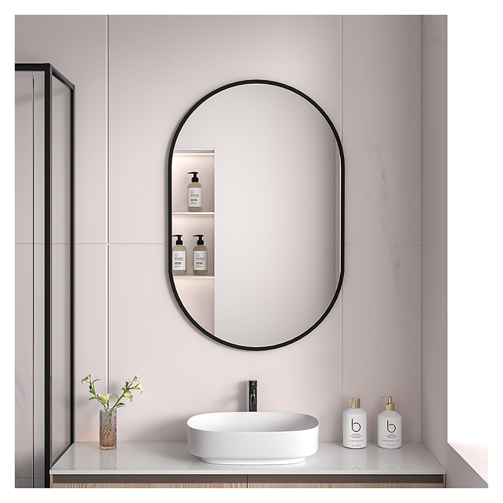 Lsoiup 50x70cm Capsule Wall Mirror, Large Pill Shaped Bathroom Mirror, Vanity Mirror with Metal Frame, Black