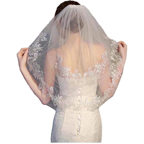 Yalice Silver Flower Bride Wedding Veil Short Ivory Lace 2T Two-tier Shoulder Bridal Veils Soft Tulle Hair Accessories