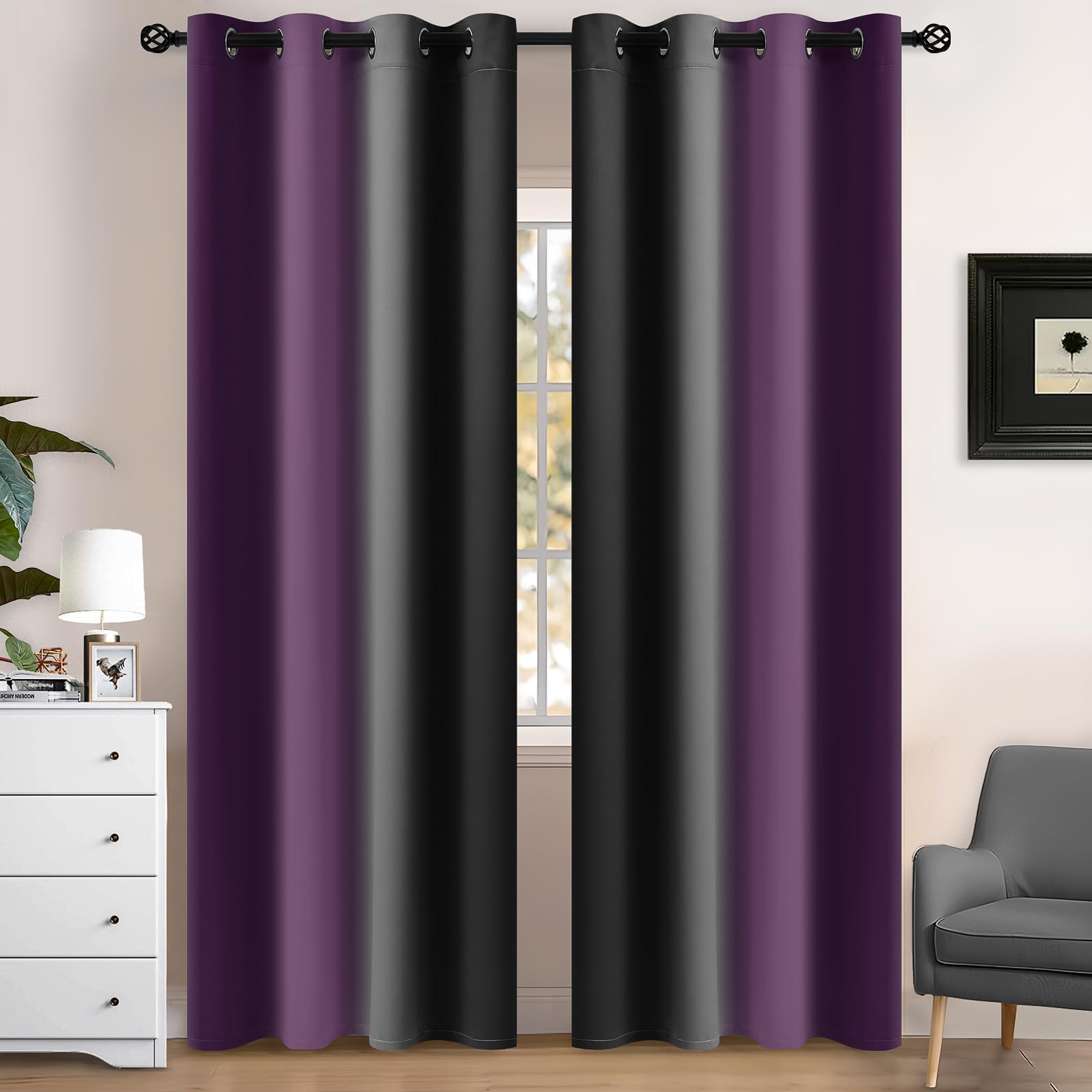 Yakamok 90 Inch Length Purple and Black Light Blocking Gradient Color Ombre Curtains with Grommet