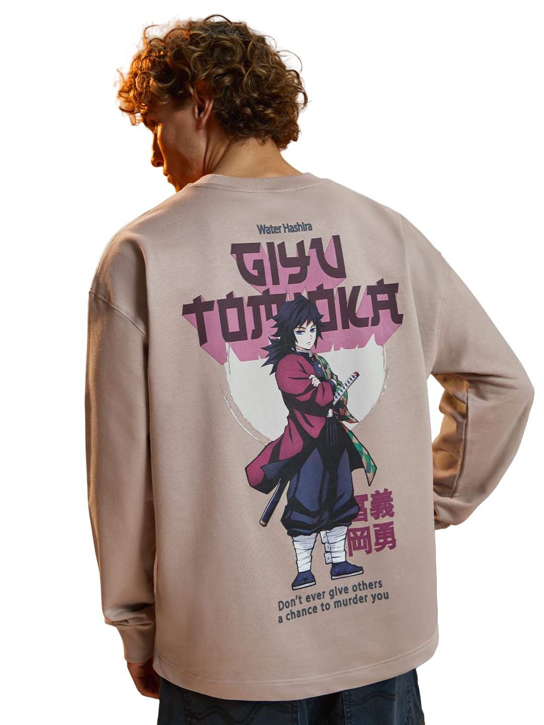 The Souled Store Demon Slayer: Giyu - Camiseta de cuello redondo para hombre y hombre, color beige, estampado en algodón ligero, para todas las estaciones, manga completa, talla XL