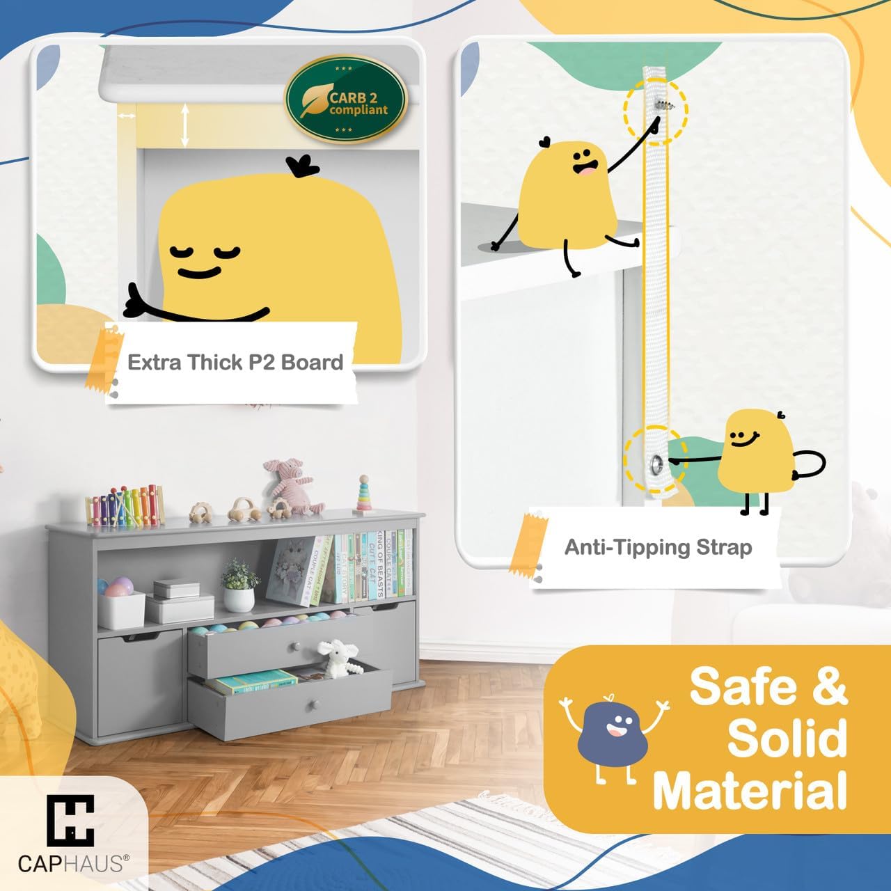 CAPHAUS Toy Storage Organizer w/ 4 Drawers, 52”W x 13”D x 24.4”H, Toy Organizer Bookcase, Toy Storage Organizer Bins with Shelf, Bookshelf for Reading, Storing, Playing for Kids, Boys & Girls, White