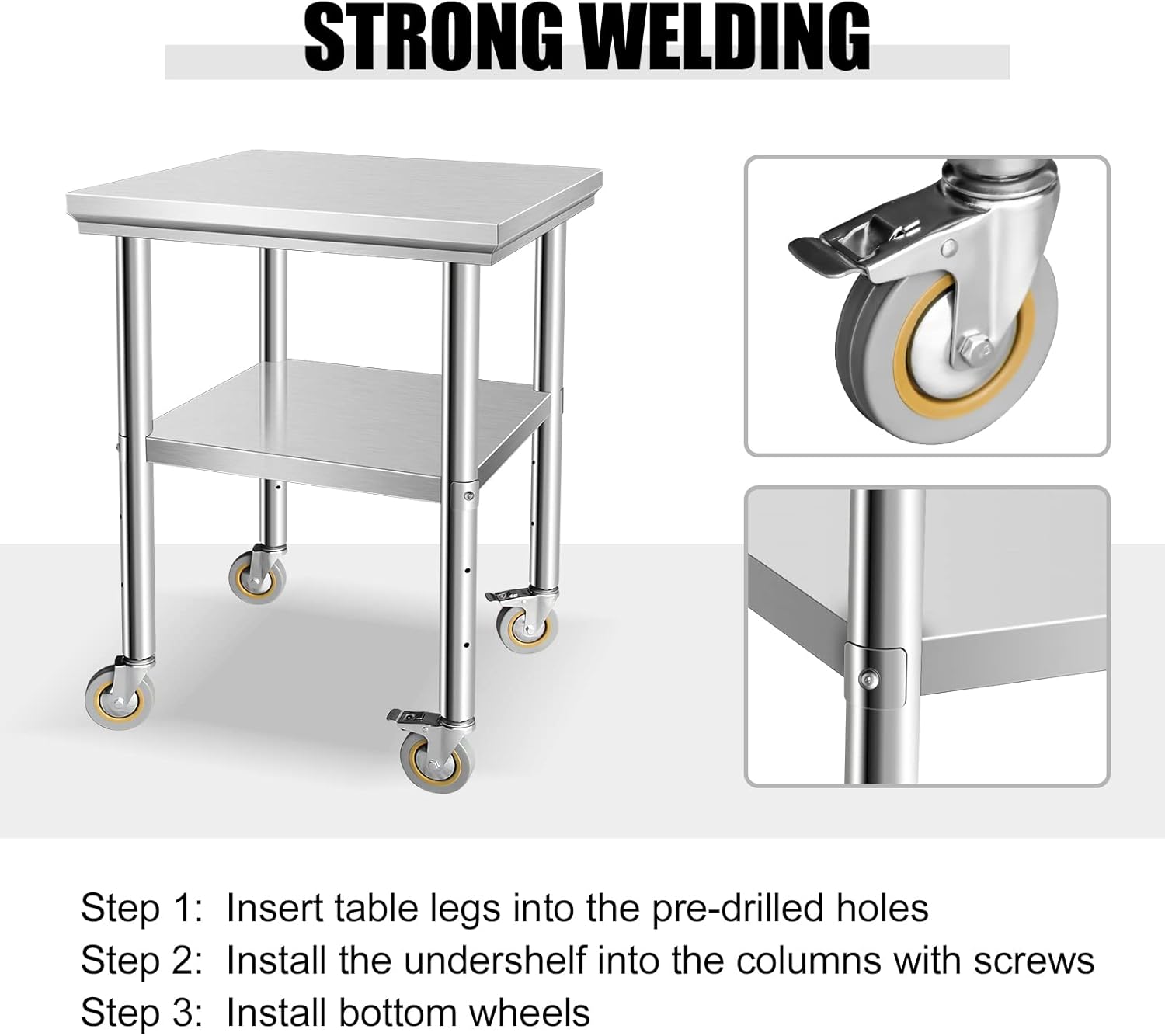 24'' x 24" x 34" Food Prep Stainless Steel Table Commercial Workbench with Adjustable Under Shelf and 4 Casters for Kitchen, Restaurant, Home and Hotel