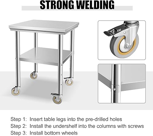 Miniatura 3 de Mesa de acero inoxidable para preparación de 24 x 24 pulgadas, mesa de trabajo resistente con 4 ruedas para cocina, restaurante, hogar y hotel